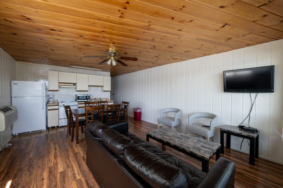 Living, dining, and kitchen area room.